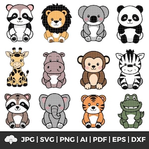 Safari animals svg, Jungle animal svg, Baby animal svg, Zoo animal clipart, Safari animals outline, Baby shower, Nursery decor, tiger, lion