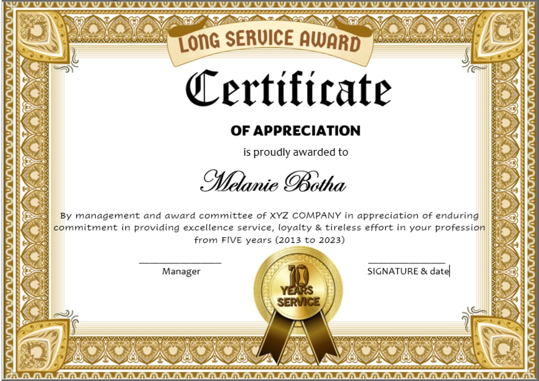 10 Years Service Certificate Template in Ms Word Etsy