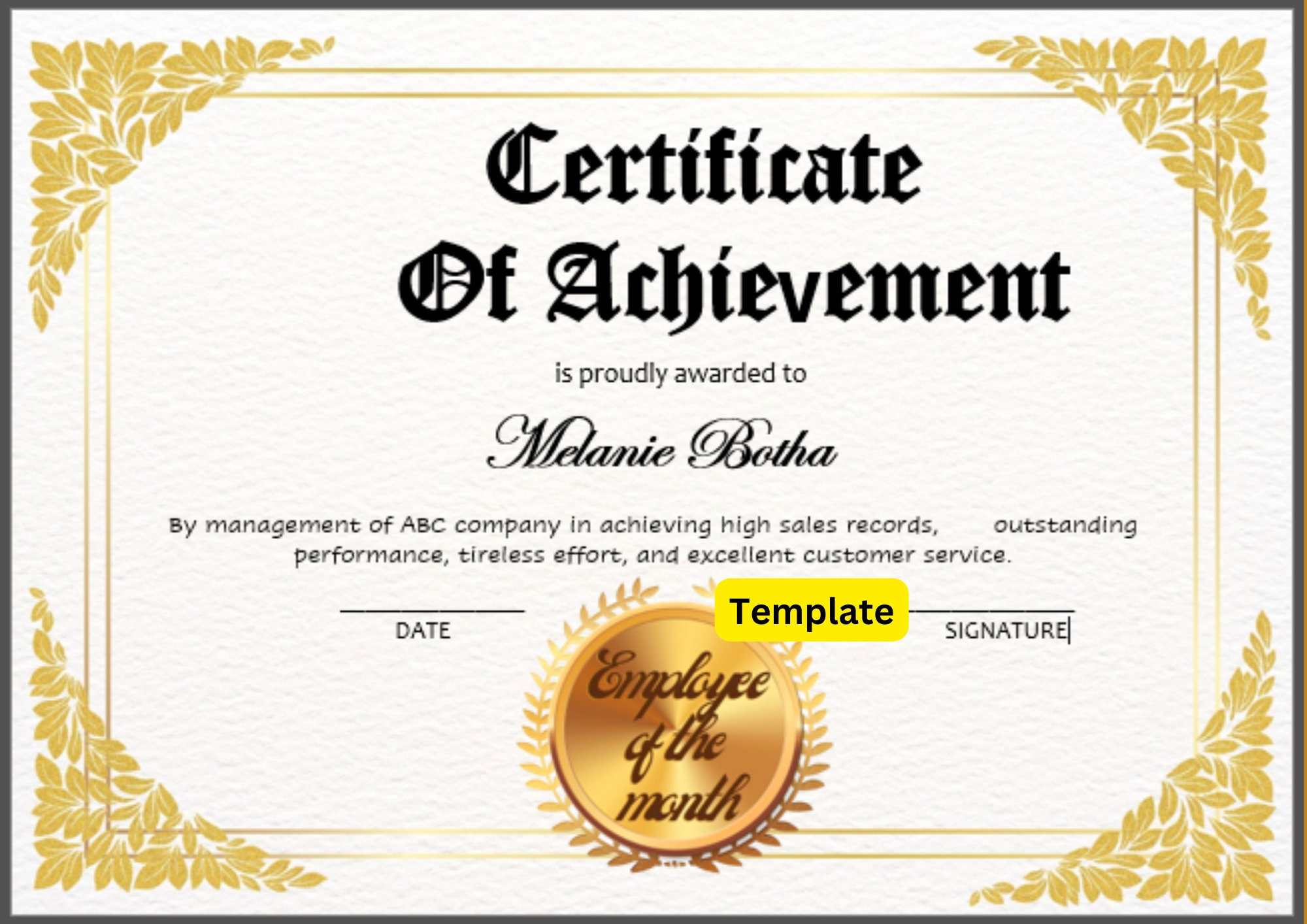 Employee of the Month Certificate of Achievement Microsoft Word ...