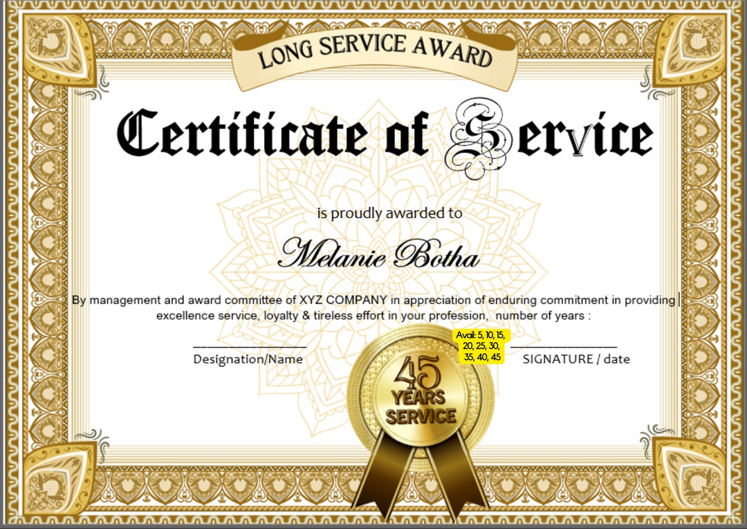 45 Years Service Certificate Template in Ms Word Etsy