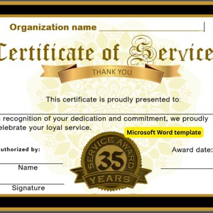 35 Years Service  - Editable Microsoft Word Certificate template | Landscape