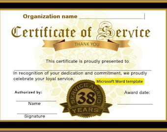 38 Years service - certificate template in Microsoft word with customized logo