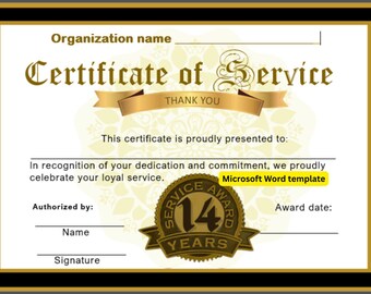 14 Years of service | Editable Microsoft word template | Landscape