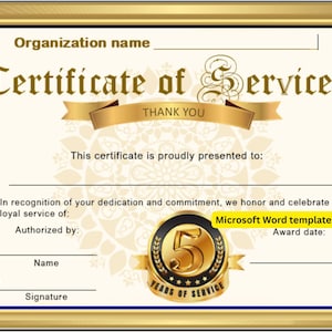 5 jaar dienst | Bewerkbare Microsoft Word-certificaatsjabloon met aangepast logo | Landschap