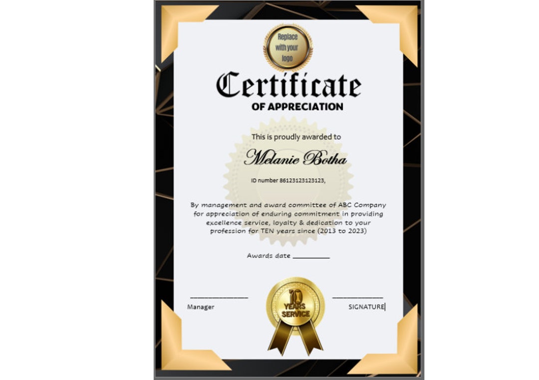 10 Years Service Award Certificate Template in Ms Word Etsy