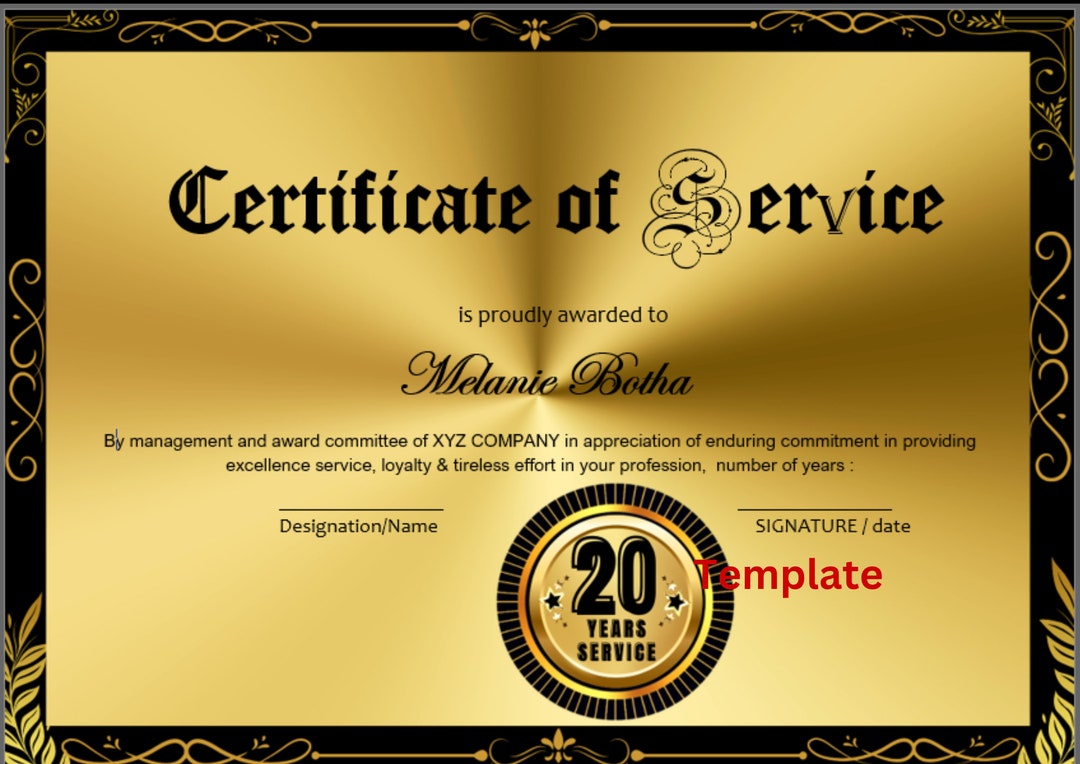20 Years Service Certificate Template in Ms Word Etsy