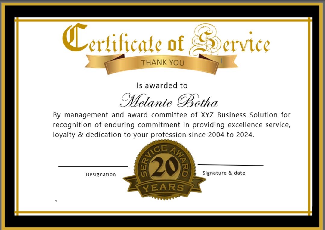 20 Years Service Certificate Template in Ms Word Etsy 20 Years Service Certificate Template in Ms Word Etsy