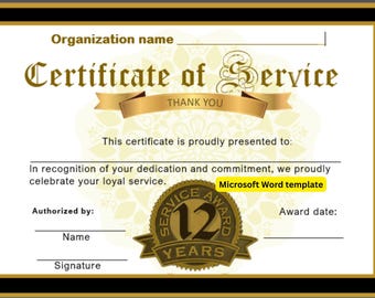12 Years Service | Editable Microsoft Word certificate template | Landscape