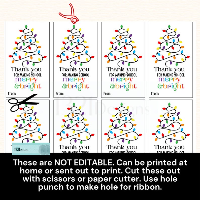 Puede incluir: Etiquetas de agradecimiento imprimibles con un contorno negro de un &aacute;rbol de Navidad con luces de colores. El texto dice "Gracias por hacer que la escuela sea alegre y brillante".