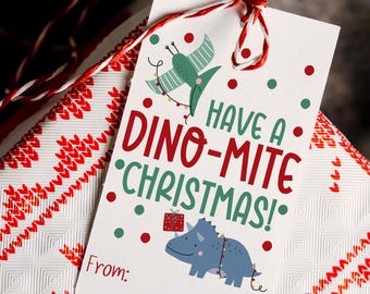Etiquetas de regalo navideñas de dinosaurios, imprimibles de dinosaurios (descarga digital), etiqueta de regalo de dinosaurio