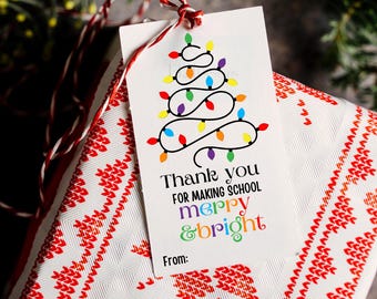 クリスマスツリーの先生用ギフトタグ、明るく楽しい、印刷可能（PDF）、PTOクリスマス