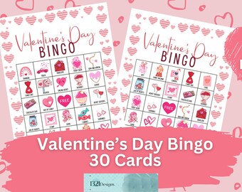 バレンタインデー ビンゴゲーム: 印刷可能なカード 30 枚 (デジタルダウンロード)
