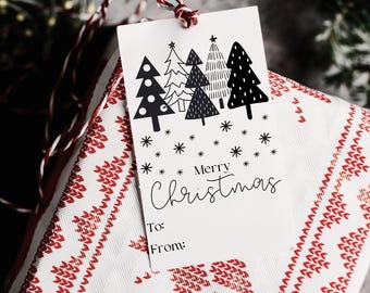 Etiquetas de regalo navideñas minimalistas, diseño de árbol en blanco y negro (descarga instantánea), etiqueta de regalo de árbol de Navidad