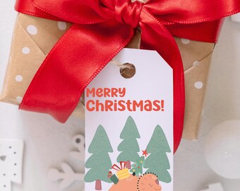 クリスマス恐竜ギフトタグ：印刷可能な恐竜ホリデータグ（デジタルダウンロード）