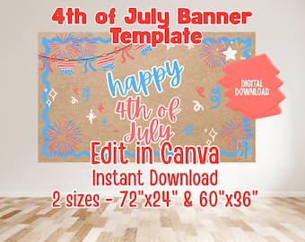 7月4日バナーテンプレート、編集可能なCanva、72x24および60x36サイズ、印刷可能なパーティーバナー、デジタルダウンロード