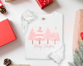 ピンクのクリスマスツリー PNG：メリークリスマス昇華デザイン（デジタルダウンロード）