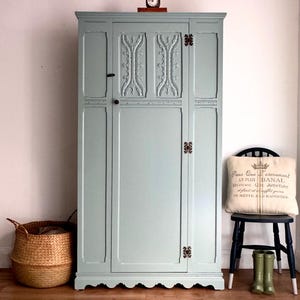 Antique Carved Hand Painted Refurbished Sage Green Wardrobe Linen Cupboard Armoire Cupboard With Shelves Hall Cabinet