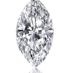 May include: A marquise-cut diamond, a gemstone with a pointed oval shape. The diamond is clear and faceted, reflecting light. The gemstone is set against a white background, with a subtle reflection below.