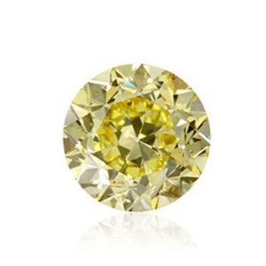 May include: A round, brilliant-cut, yellow diamond gemstone.