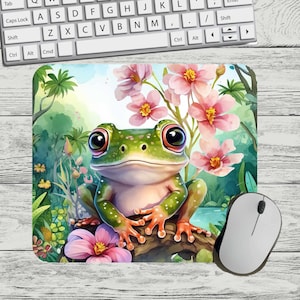 Floral Frog Mouse Pad, Cute Animal Computer Accessory, Nature Inspired Desk Decor, Colorful Office Gift, Flower Pattern Mousepad