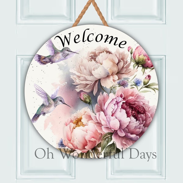 Hummingbird Peony Flowers Welcome Floral Round Sublimation Door Hanger PNG Design, Welcome Round PNG Digital Download, Coaster, Wreath