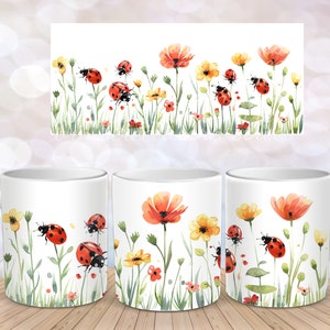Ladybugs on Spring Flowers Blossom Garden Red Yellow Flowers Sublimation Instant Digital Design Download 11 oz 15 oz Mug Wrap Design - PNG