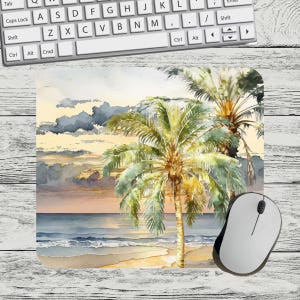 Tropical Palm Tree Beach Mouse Pad, Watercolor Coastal Desk Decor, Ocean Sunset Computer Accessory, Beach Lover Gift, Summer Vibe Mousepad