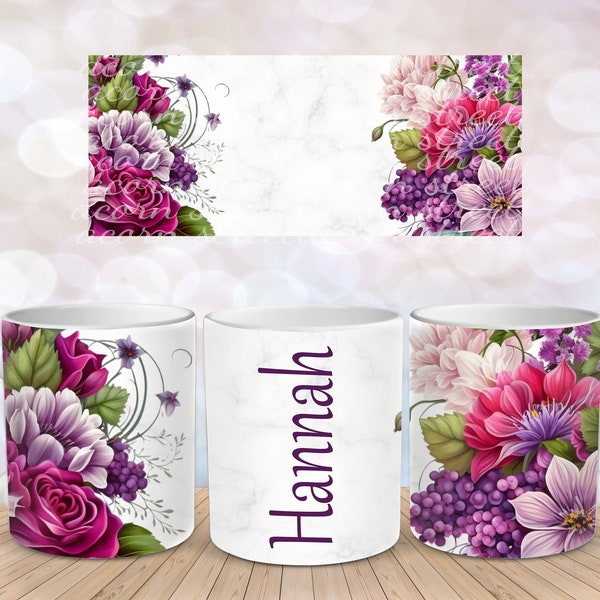 Fuschia Purple  Add Your Name Wildflower Field Flower Sublimation Instant Digital Design Download 11 oz 15 oz Mug Wrap Design - PNG