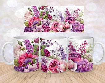 Fuscia Red Purple Wildflowers Flower Sublimation Instant Digital Design Download 11 oz 15 oz Mug Wrap Design - PNG