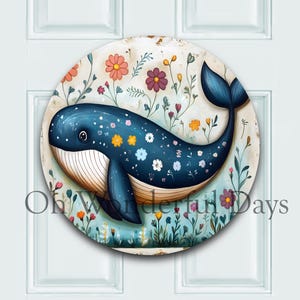 Folk Art Whale and Flowers Welcome Sign Round Sublimation Door Hanger PNG Design, Round PNG, Digital Download, Wreath Sign