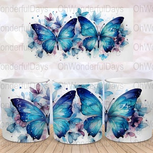 3D Blue Teal Butterflies Blue Flowers Mug Wrap Sublimation Design Download 11 oz 15 oz Mug Wrap Design Mug PNG