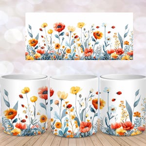 Wildflower Flowers and Ladybugs Mug Wrap Sublimation Design Download 11 oz 15 oz Mug Wrap Design  PNG