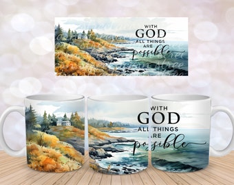 Christian Bible Verse Mug Wrap Ocean Sublimation Design Download 11 oz 15 oz Mug Wrap Design PNG, God All Things are Possible