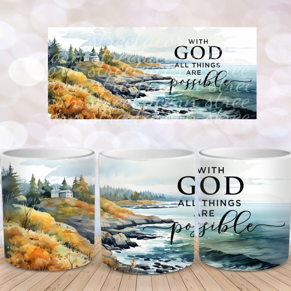 Christian Bible Verse Mug Wrap Ocean Sublimation Design Télécharger 11 oz 15 oz Mug Wrap Design PNG, Dieu Toutes choses sont possibles