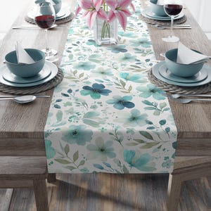 Teal Watercolor Floral Table Runner | Blue Flower Cotton-Poly Table Runner
