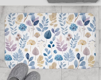 Aquarell Blumen Blätter Badematte | Blaues Lavendel-botanisches Muster