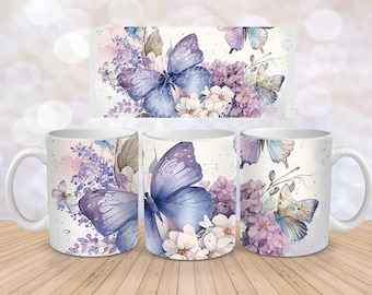 Purple Butterfly Hydrangea Tree Flower Sublimation Instant Digital Design Download 11 oz 15 oz Mug Wrap Design - PNG