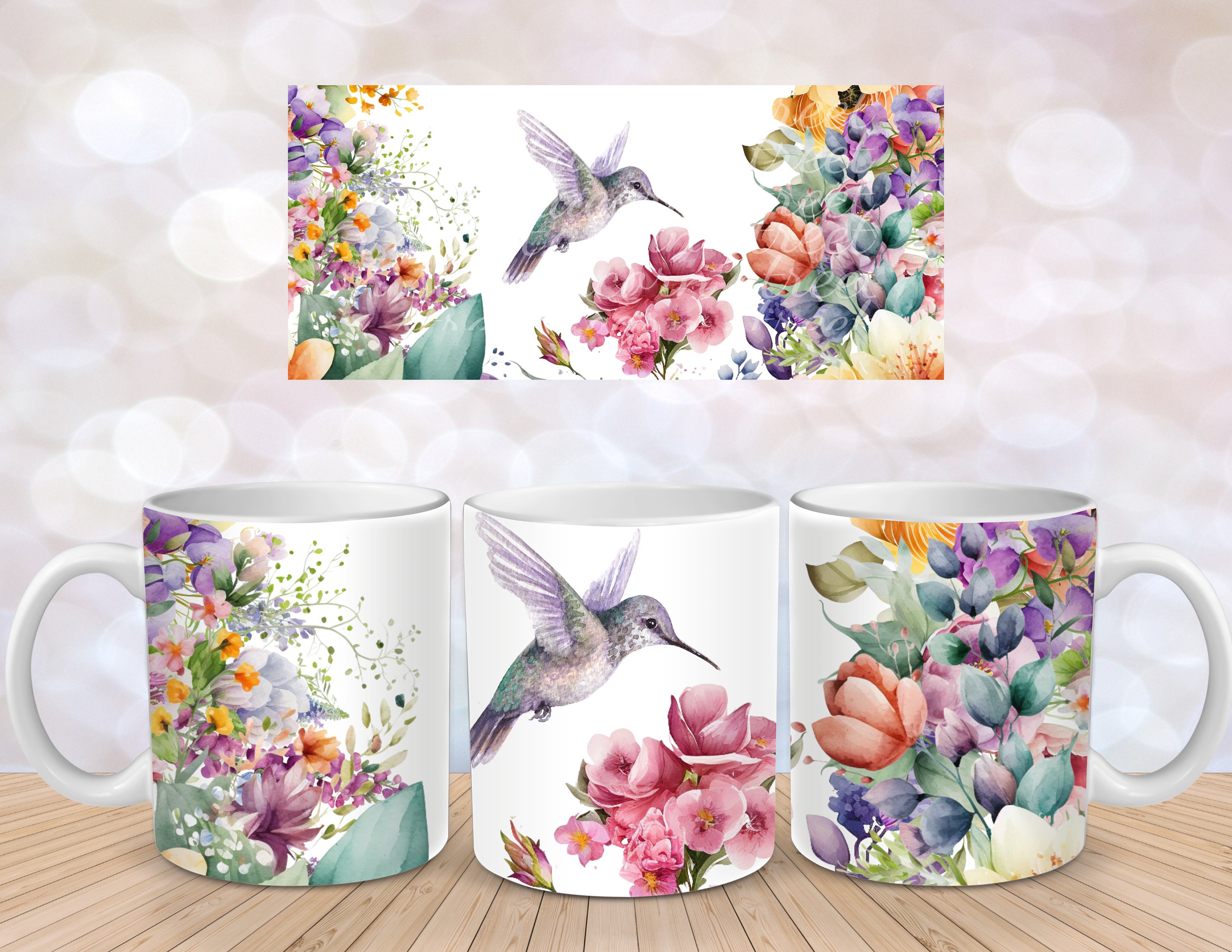 Spring Flowers Hummingbird Wildflower Field Flower Sublimation Instant Digital Design Download 11 oz 15 oz Mug Wrap Design - PNG