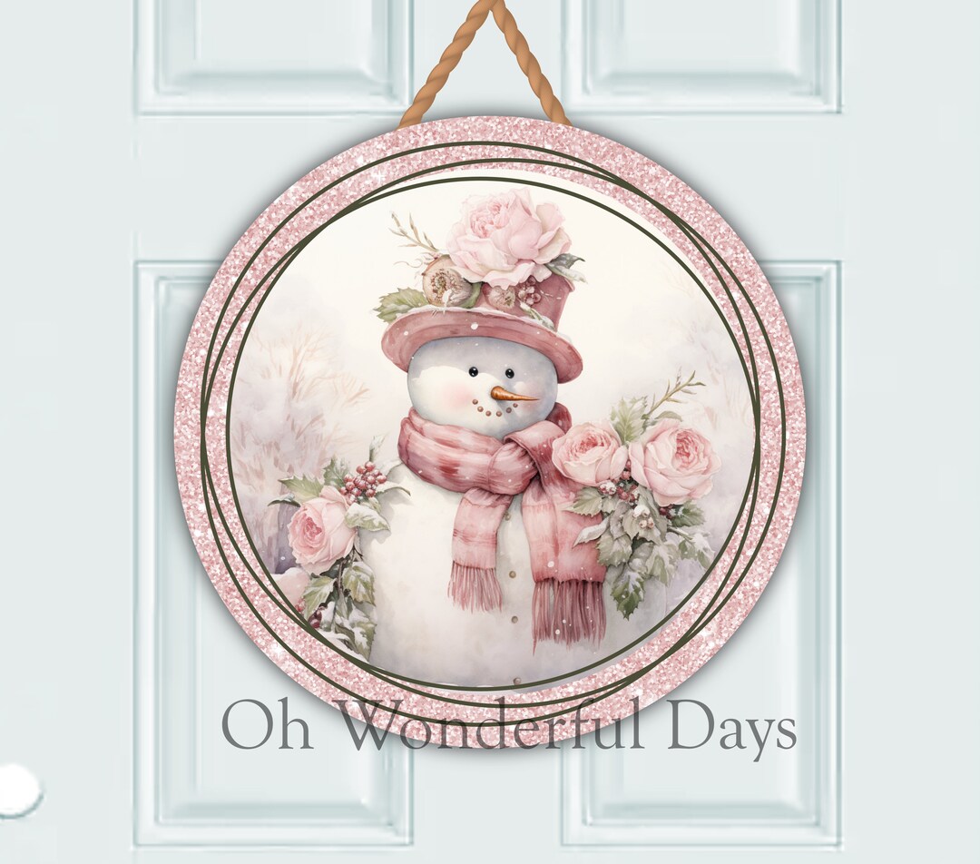 Pink Snowman Rose Winter Welcome Round Sublimation Door Hanger PNG ...