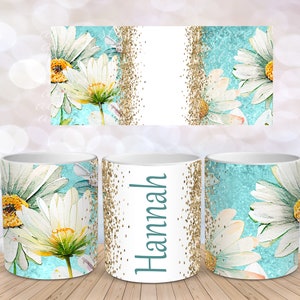 White Daisy Floral Blue Add Your Name Wildflower Field Flower Sublimation Instant Digital Design Download 11 oz 15 oz Mug Wrap Design - PNG