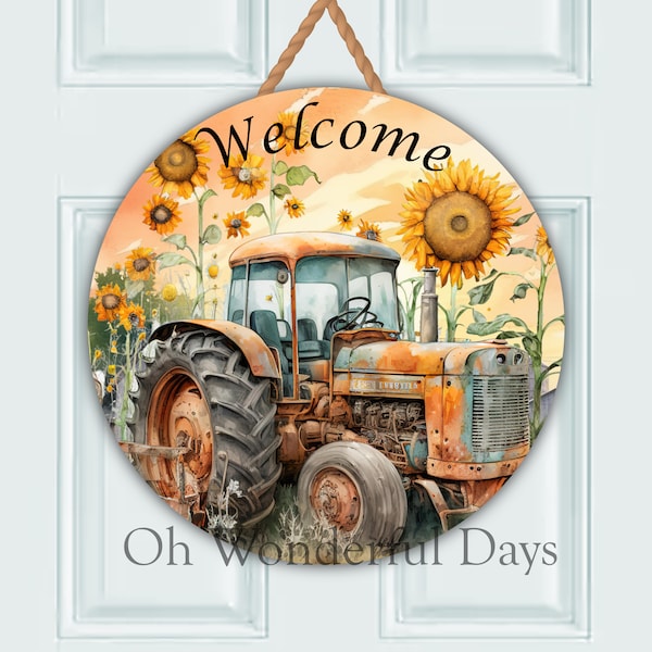 Sunflower Farm Tractor Flowers Welcome Floral Round Sublimation Door Hanger PNG Design, Welcome Round PNG Digital Download, Coaster, Wreath