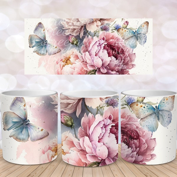 Pink Peony Butterfly Wildflower Field Flower Sublimation Instant Digital Design Download 11 oz 15 oz Mug Wrap Design - PNG