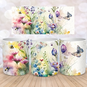 Wildflowers Spring Butterfly Bee Ladybug Flower Background Sublimation Instant Digital Design Download 11 oz 15 oz Mug Wrap Design - PNG