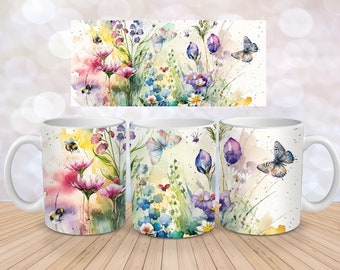 Wildflowers Spring Butterfly Bee Ladybug Flower Background Sublimation Instant Digital Design Download 11 oz 15 oz Mug Wrap Design - PNG