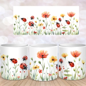 Wildflower Flowers and Ladybugs 3 Mug Wrap Sublimation Design Download 11 oz 15 oz Mug Wrap Design  PNG