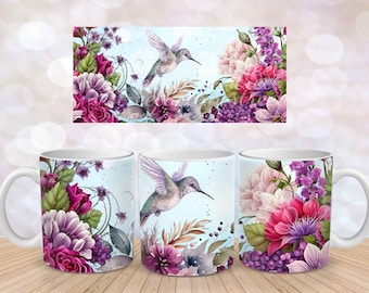 Fushcia Purple Hummingbird Wildflower Field Flower Sublimation Instant Digital Design Download 11 oz 15 oz Mug Wrap Design - PNG