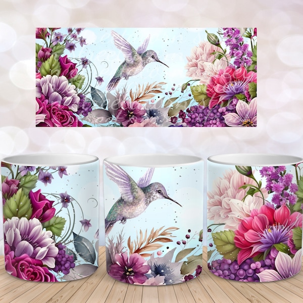 Fushcia Purple Hummingbird Wildflower Field Flower Sublimation Instant Digital Design Download 11 oz 15 oz Mug Wrap Design - PNG