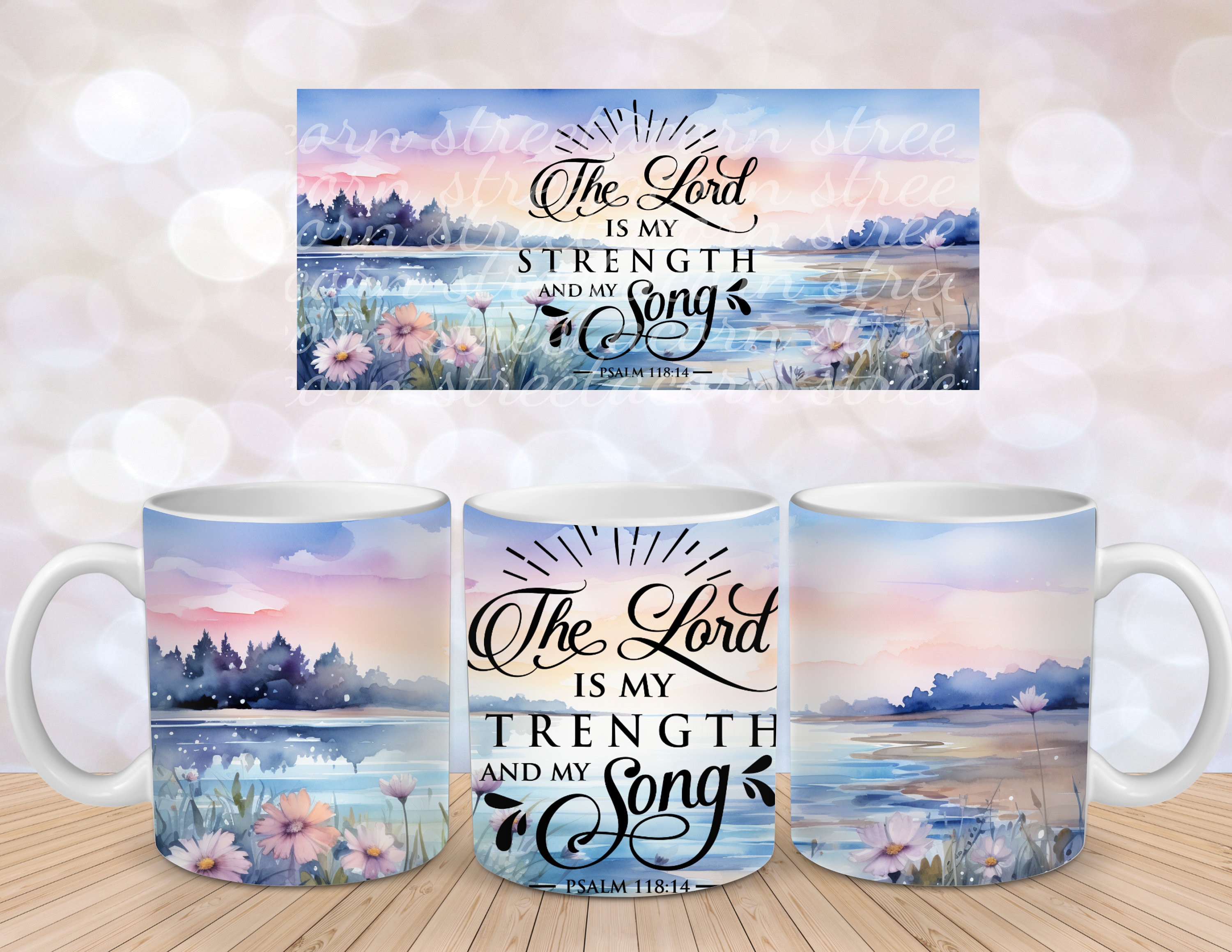 Christian Bible Verse Mug Wrap Scenic Sublimation Design Download 11 oz 15 oz Mug Wrap Design PNG, The Lord Is My Strength