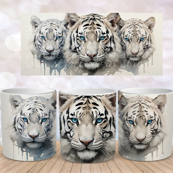 Three White Bengal Tiger With Blue Eyes  Sublimation Instant Digital Design Download 11 oz 15 oz Mug Wrap Design - PNG Tiger PNG