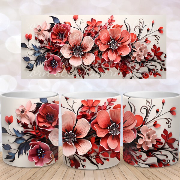 3D Red Tree Flower Meadow Sublimation Instant Digital Design Télécharger 11 oz 15 oz Mug Wrap Design - PNG Flower Mug PNG, Fleur png